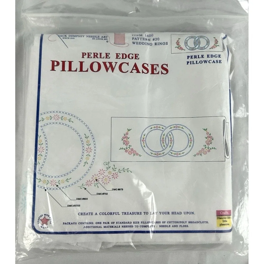 JDNA Perle Edge Stamped Pillowcase Pair Wedding Rings Pattern #20 New In Package